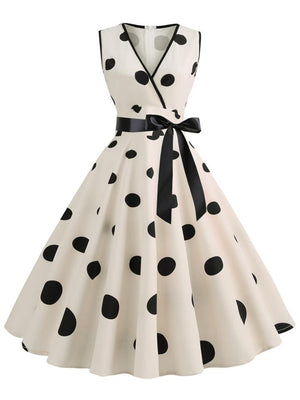 1950S V Neck Sleeveless Bow Polka Dot Swing Dress