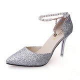 Female Metal White Pearl Chain Pointed Toe Shining Stiletto