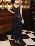 Elegant Sequined Illusion Neck Beaded Evening Gown