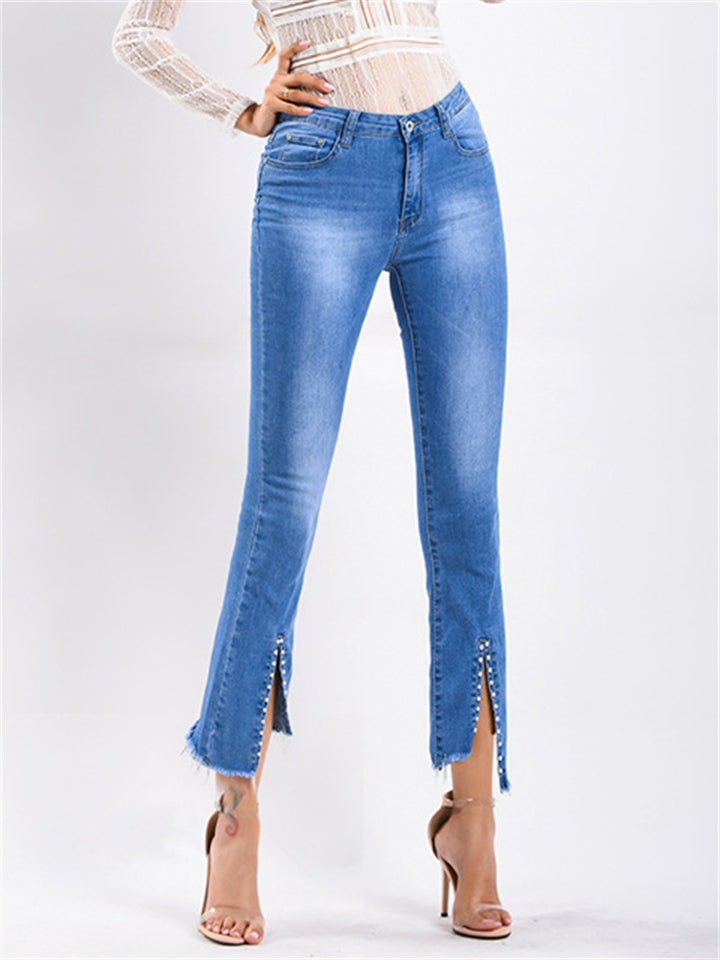 Casual Style Office Lady Grace Bell Bottom Rivet Denim Jeans for Women