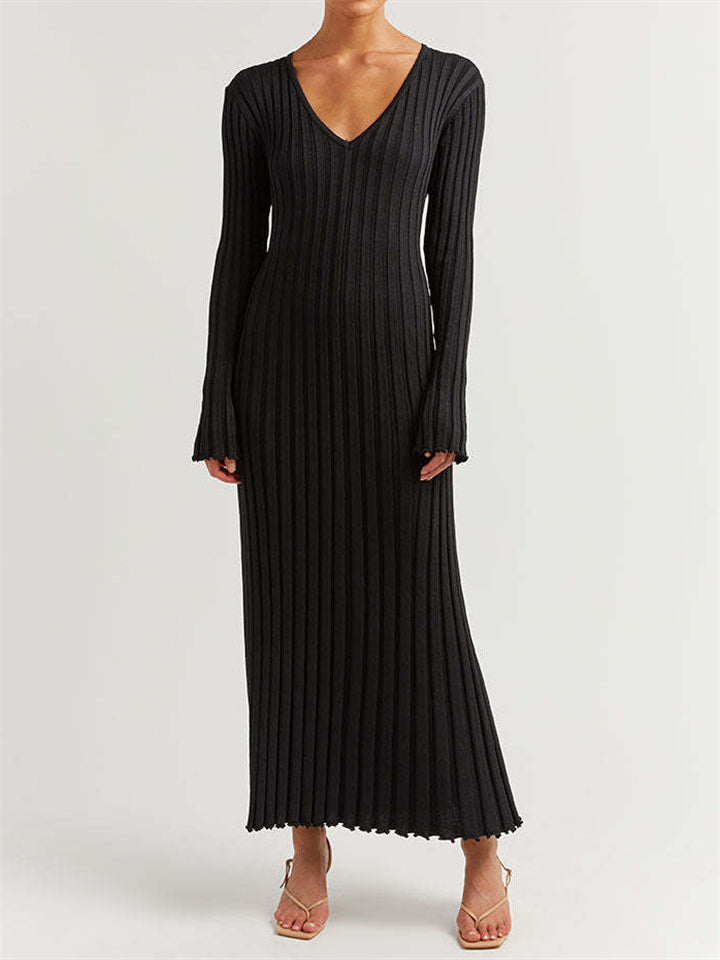 Winter Casual Sexy V Neck Ribbed Slim Knitted Lady Dress