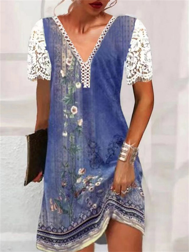 Women's Summer Vintage Lace V Neck Short Sleeve Printed Trendy Dress