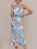 Elegant Floral Print Halter Sleeveless Party Dress