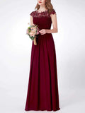 Elegant Cap Sleeve Lace Neckline Ruched Bust Evening Dress