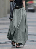 Retro Style Elastic Waist Button Zipper Pocket Flare Maxi Skirt