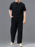 Men's Casual Loose Plus Size Cotton Linen Sets Short-Sleeved T-Shirt + Trousers