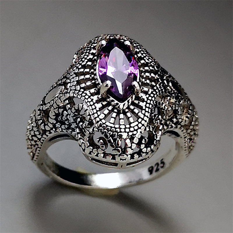 Women's Retro Modern Openwork Purple Zircon Silver Ring