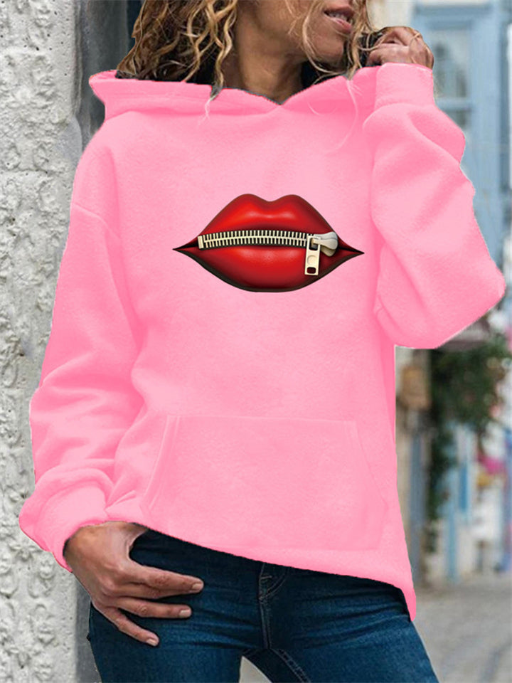 Women's Trendy Zipped Lips Print Long Sleeve Pullover Hoodies