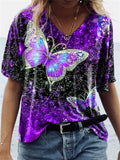 Women's Loose Short-Sleeved V Neck Butterfly Print T-Shirt