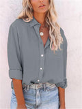 Casual Fit Solid Color Button Up Lapel Collar Long Sleeve Blouse