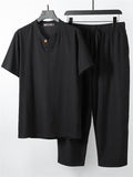 Solid Color Lightweight 2-Piece Outfit Button T-Shirt + Drawstring Waistband Cropped Pants