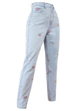 Campus Style Lovely Small Floral Embroidery Slim Fit Light Blue Denim Jeans for Women