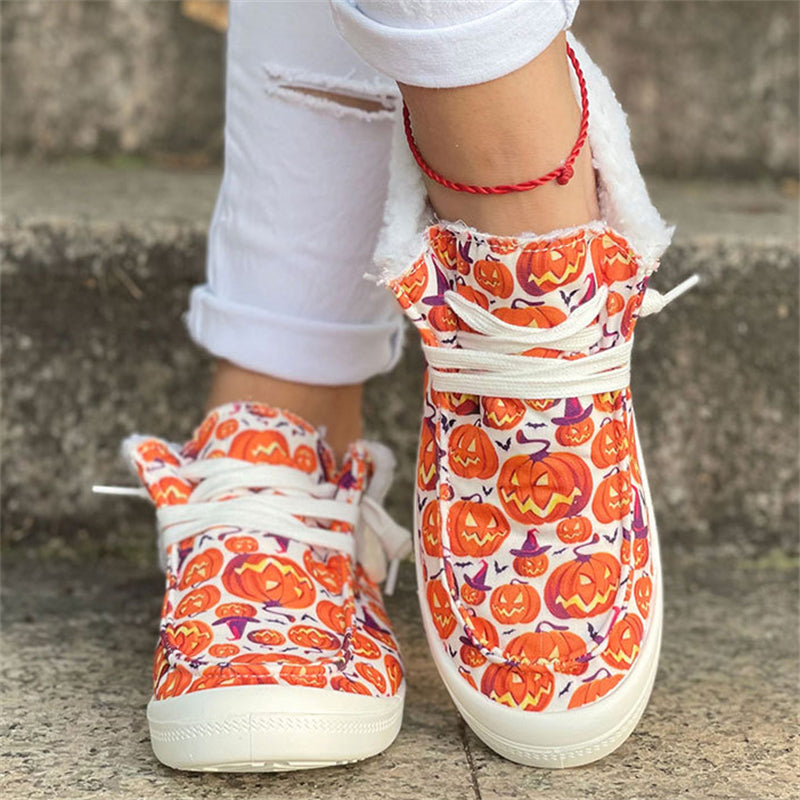 Halloween Lovely Pumpkin Print Keep Warm Soft Women Loafers