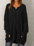 Oversized Round Neck Solid Color Long Sleeve Pocket Midi Length Tops