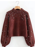 Trendy Round Neck Pearls Decorated Sweater