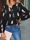 Women's Feathers Printed V Neck Puff Sleeve Chiffon Blouses