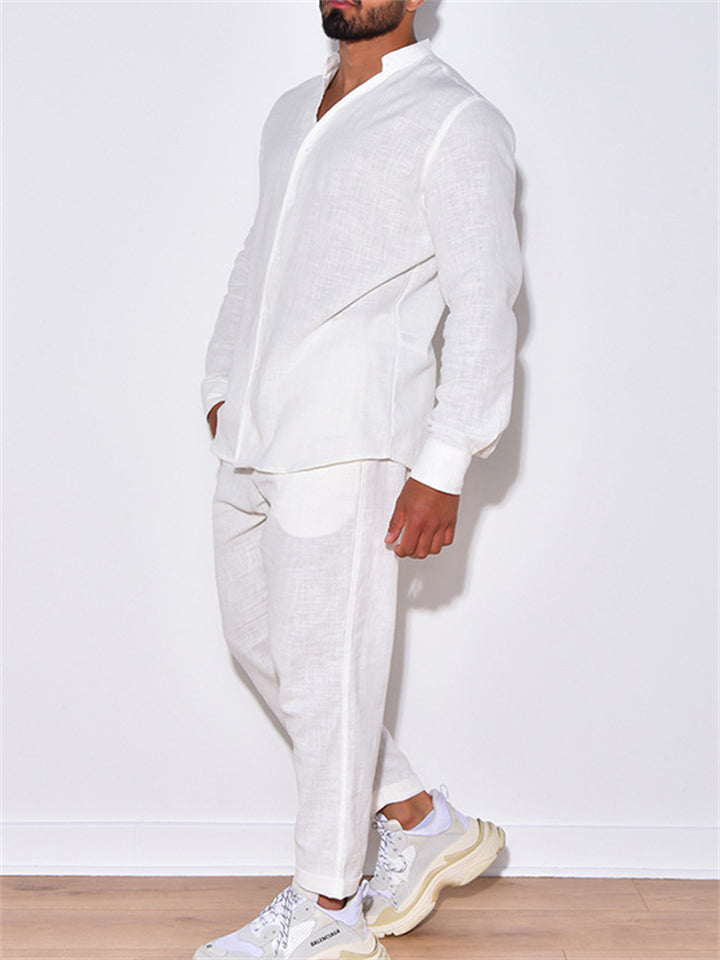 Men's Summer Simple Stand Collar Long Sleeve Button Cotton Linen Sets