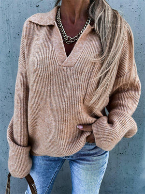 Lapel Solid Color Long Sleeve Knitted Sweaters