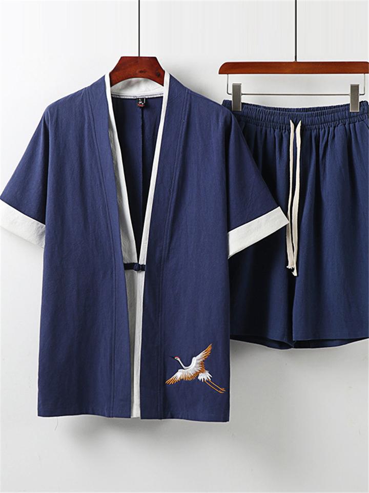 Men's Linen 2-Piece Outfit Simple Style V-Neck Solid Color Short Sleeve Top + Drawstring Shorts