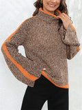 Cute Bell-Sleeve High Neck Pullover Contrast Color Comfy Lady Sweaters