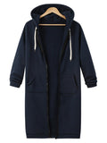 Comfortable Full Zipper Pocket Drawstring Hooded Midi Coat