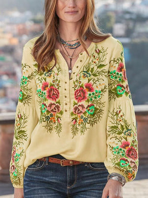 Beautiful Floral V Neck Long Sleeve Casual Shirts for Women