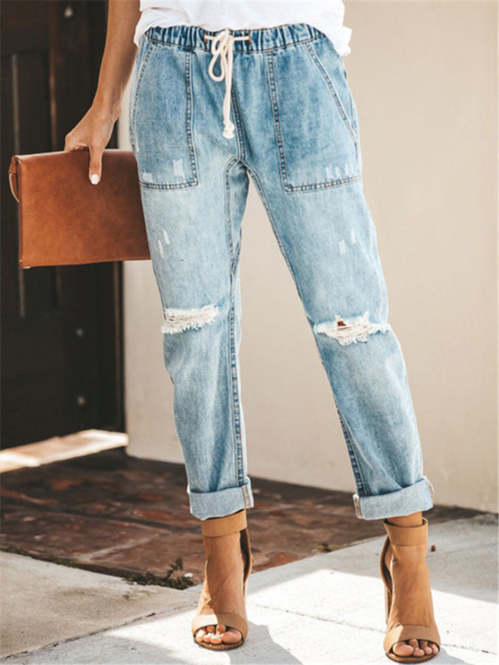 Women's Elastic Waistband Lace Up Ripped Jeans