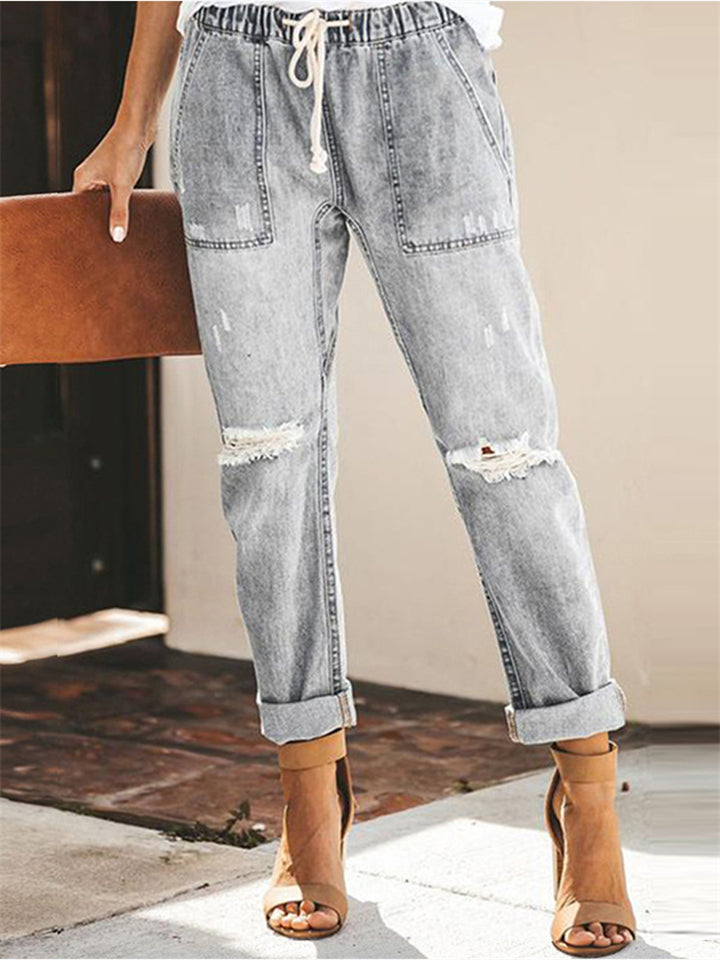Women's Elastic Waistband Lace Up Ripped Jeans
