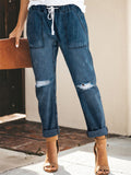 Women's Elastic Waistband Lace Up Ripped Jeans