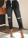 Women's Elastic Waistband Lace Up Ripped Jeans