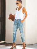 Women's Elastic Waistband Lace Up Ripped Jeans