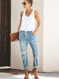 Women's Elastic Waistband Lace Up Ripped Jeans