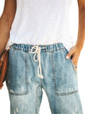 Women's Elastic Waistband Lace Up Ripped Jeans