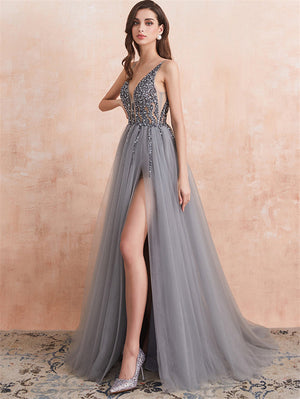 Glamorous V Neck Sequined Fitted Waist Side Slit Dress for Prom