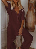 Plus Size Casual Short Sleeve Solid Pockets Jumpsuits